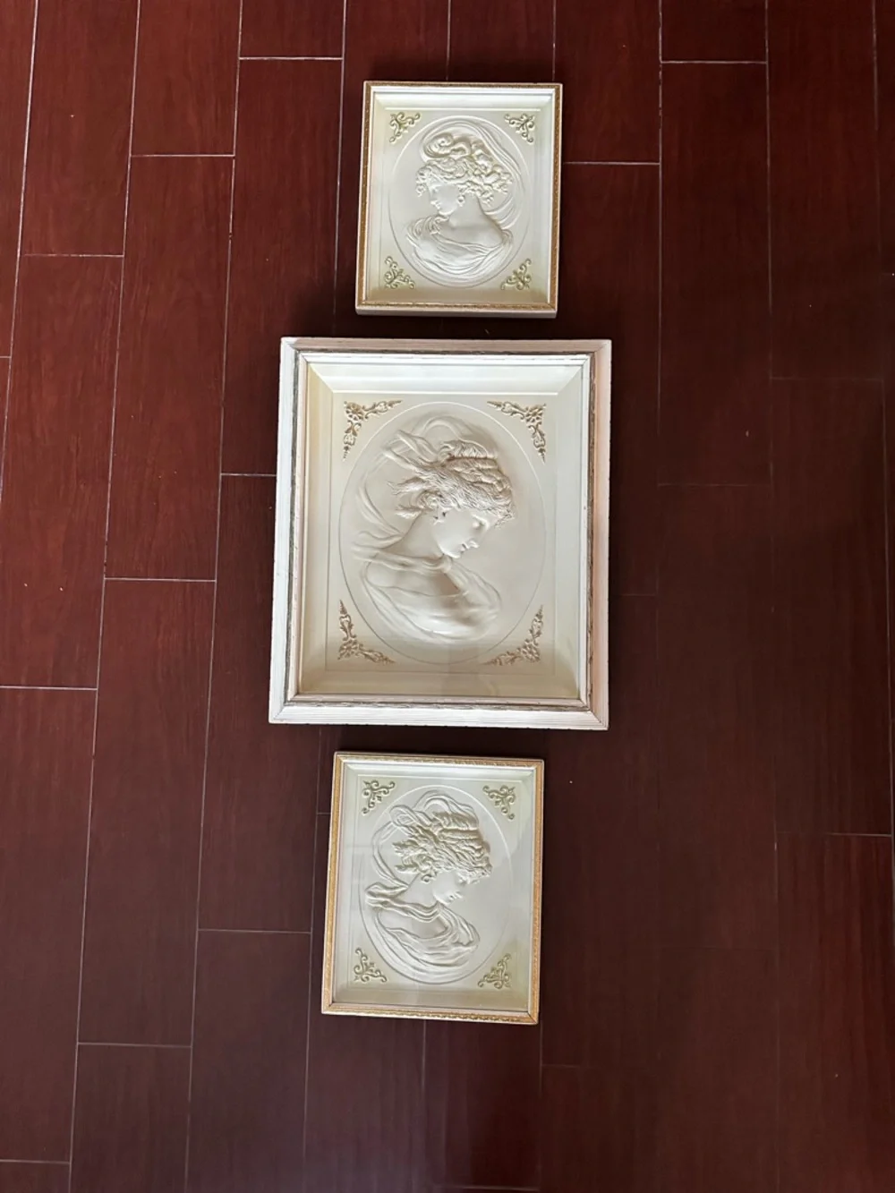 1960s TURNER CO. “East Wind” Three-set Cream Cameo Wall Plaques  Large 20 x 17”
